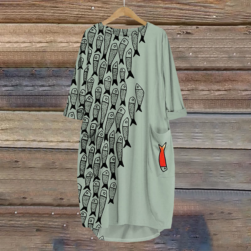 Dashingsoul Cute Simple Lines Abstract Geometric Fish Art Print Crew Neck Dress
