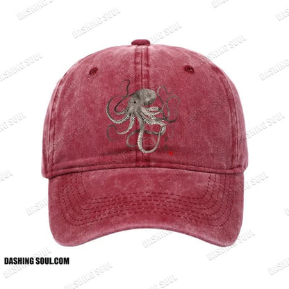 Unisex 100% Cotton Octopus Japanese Calligraphy Vintage Print Cap