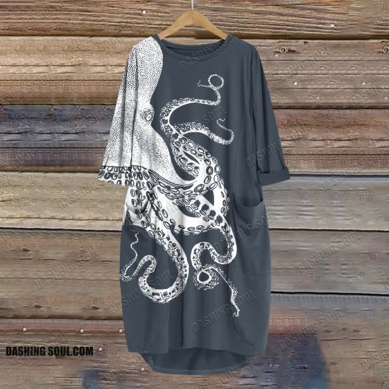 Japanese Art Octopus Graphic Print Crew Neck Dress