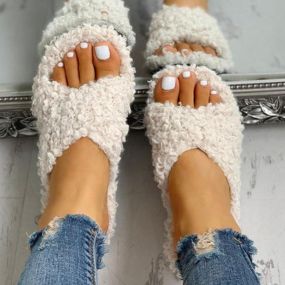 Solid Fluffy Crisscross Design Flat Sandals