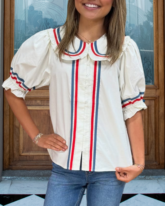 Elegant Striped Trim Peter Collar Blouse