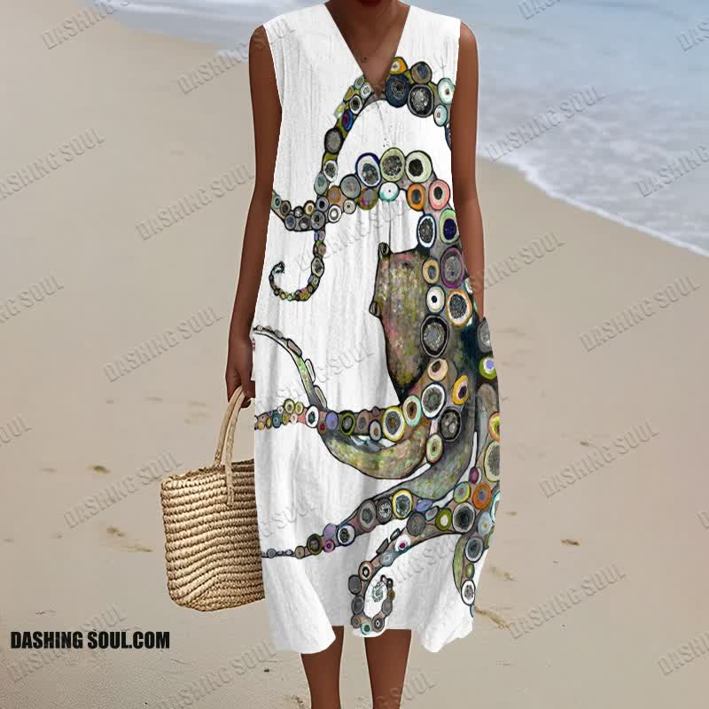 Colorful Octopus Oil Painting Print V Neck Sleeveless Dress