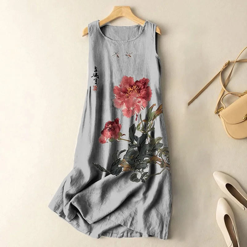 Dashingsoul Vintage Japanese Ink Flower Calligraphy Art Print Sleeveless Midi Dress