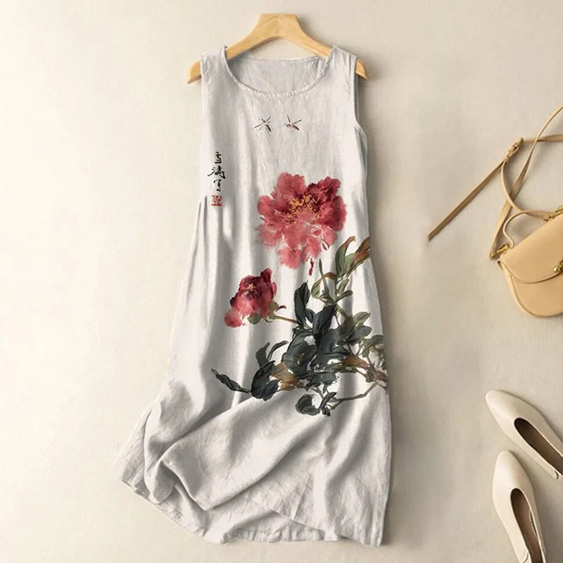 Dashingsoul Vintage Japanese Ink Flower Calligraphy Art Print Sleeveless Midi Dress