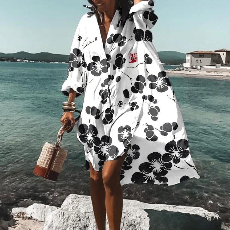 Dashingsoul Vacation Cherry Blossom Japanese Lino Art Vintage Print Shirt Dress