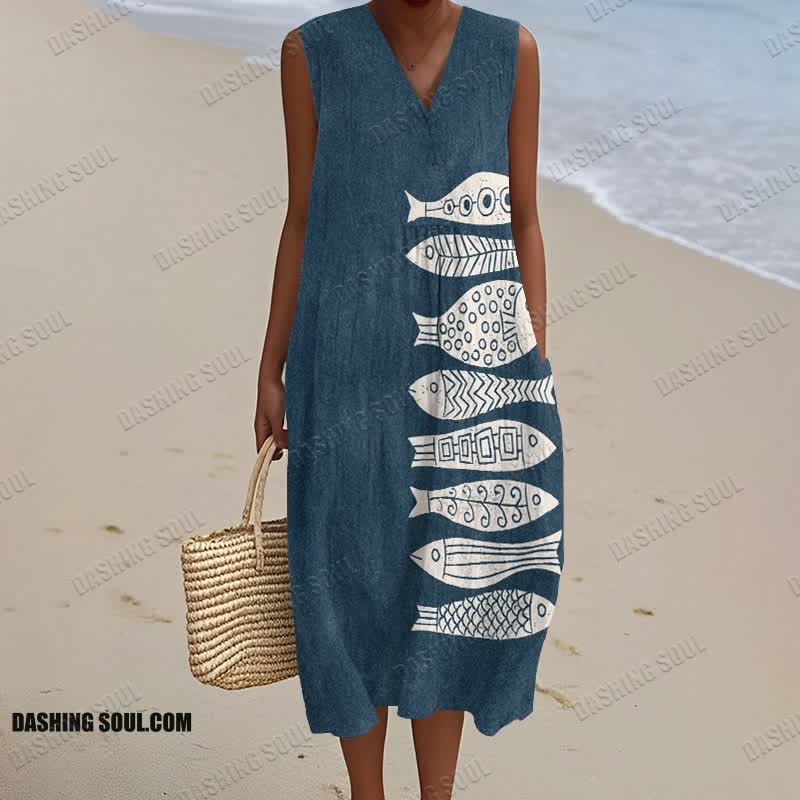 Fish Japanese Lino Art Print V-neck Sleeveless Dress