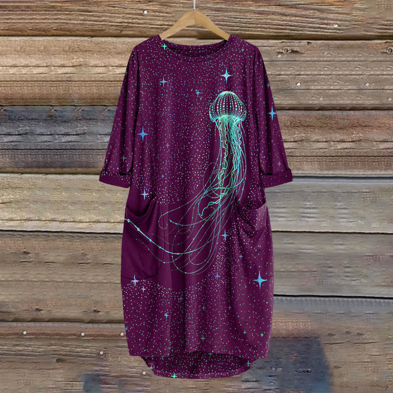 Dashingsoul Colorful Starry Sky Jellyfish Print Crew Neck Casual Dress