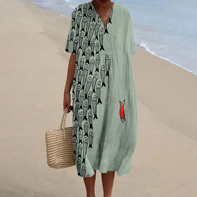 Dashingsoul Cute Simple Lines Abstract Geometric Fish Art Print Casual Midi Dress