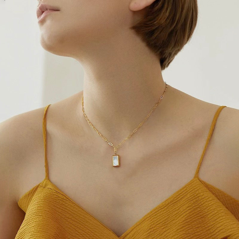 Square Shape White Seashell Pendant Chain Necklace