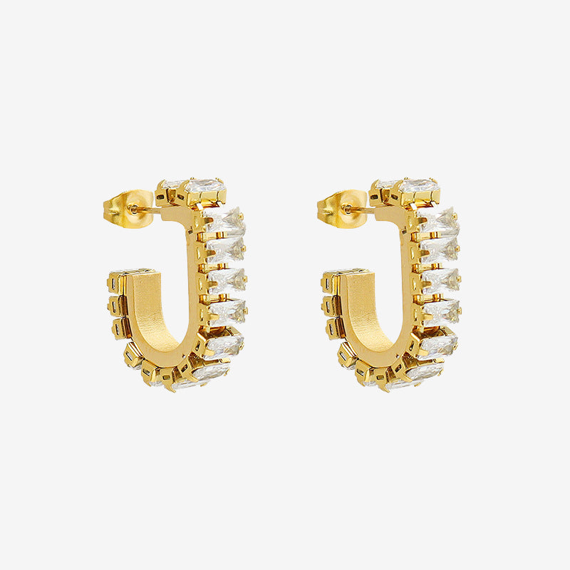 U Shape Diamonds Inlaid Hoops