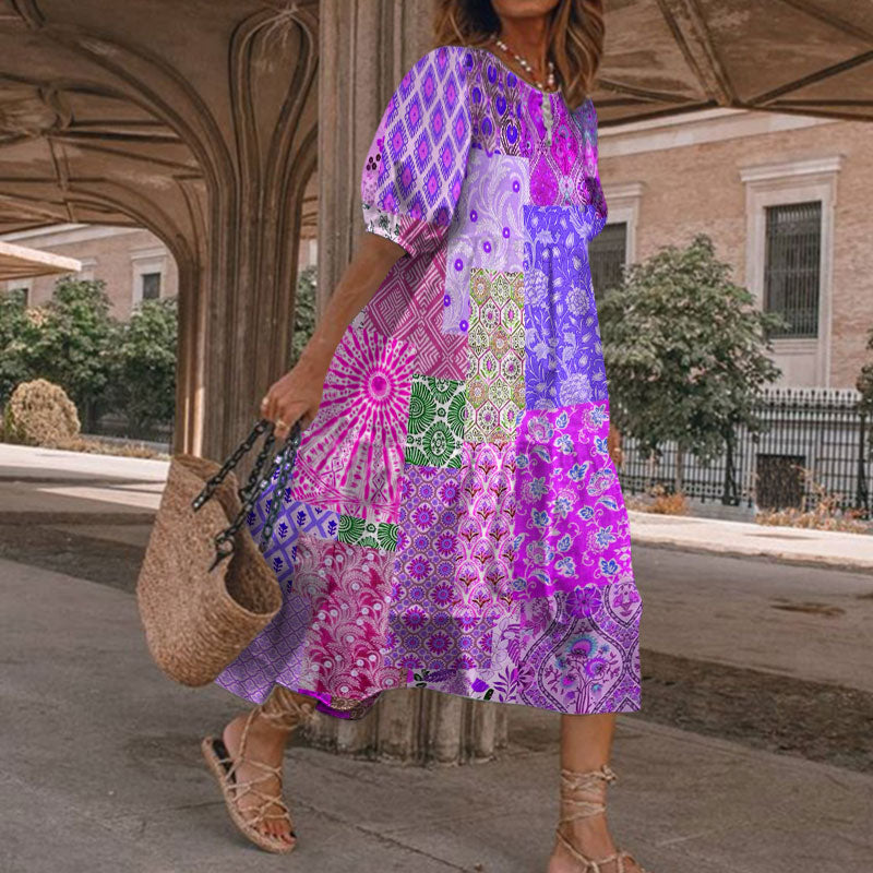 Dashingsoul Summer Vacation Boho Multicolor Floral Art Patchwork Print Casual Loose Dress