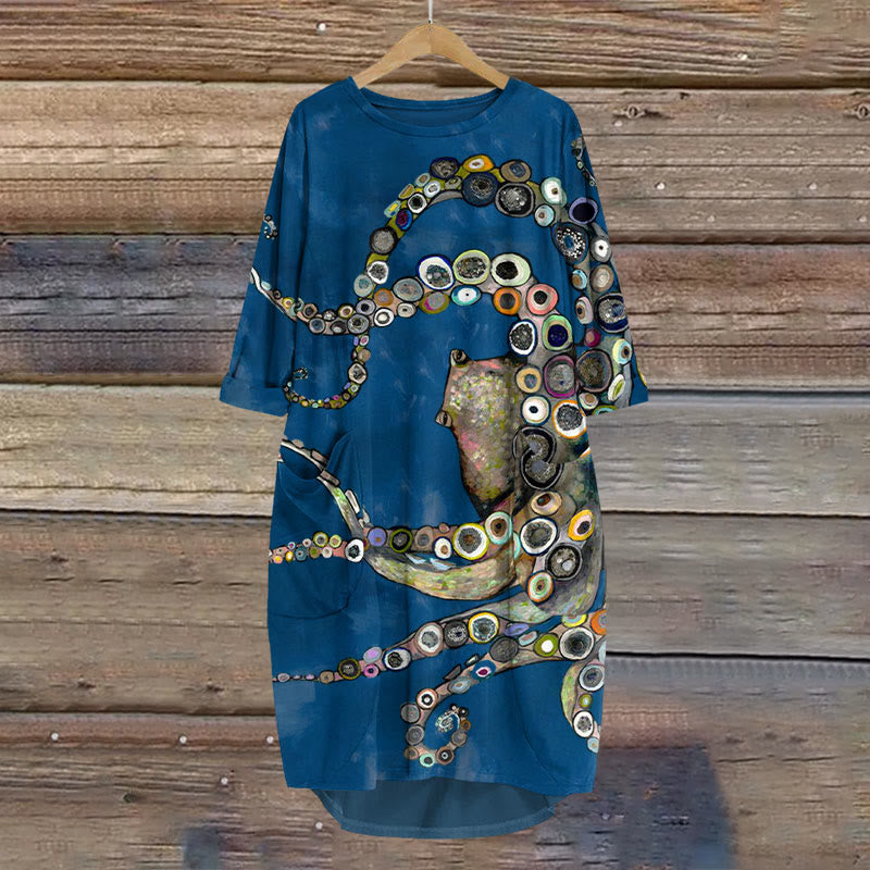 Dashingsoul Colorful Octopus Oil Painting Print Crew Neck Casual Dress