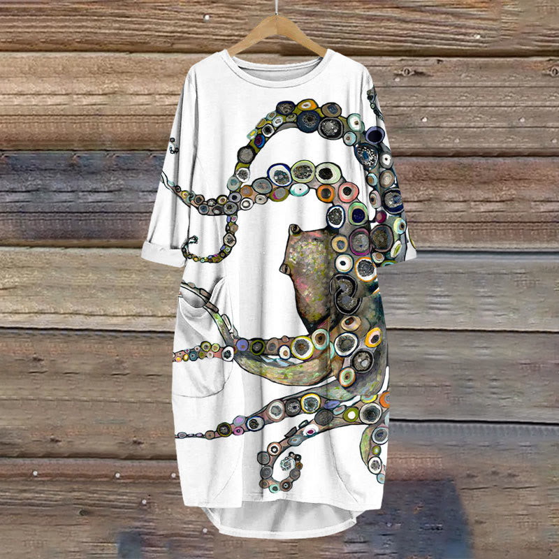 Dashingsoul Colorful Octopus Oil Painting Print Crew Neck Casual Dress