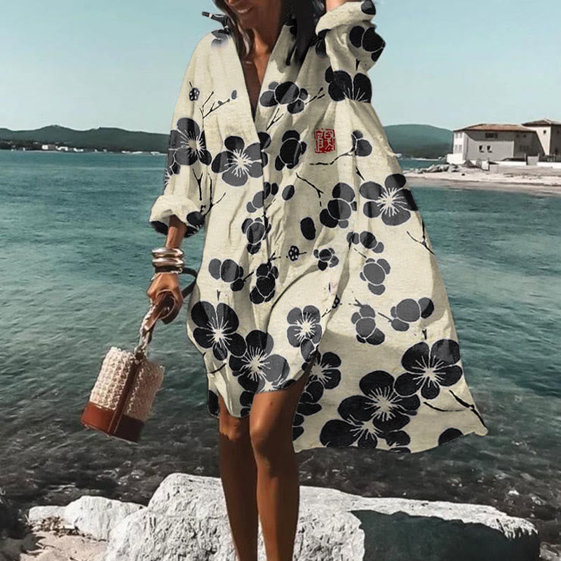 Dashingsoul Vacation Cherry Blossom Japanese Lino Art Vintage Print Shirt Dress