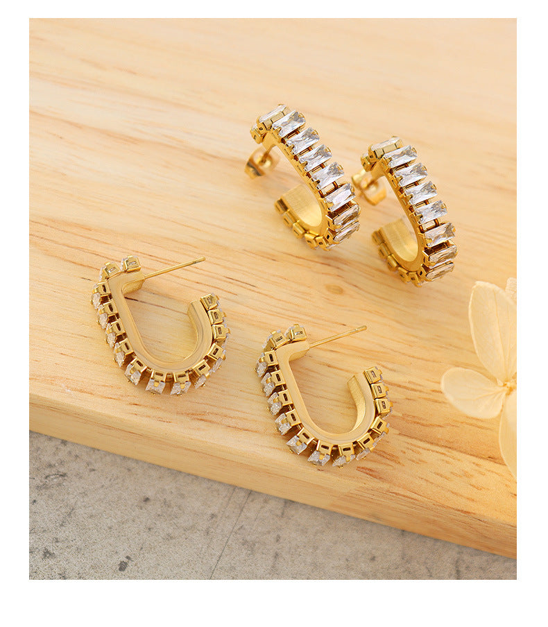 U Shape Diamonds Inlaid Hoops