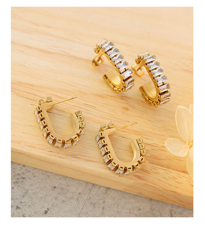 U Shape Diamonds Inlaid Hoops