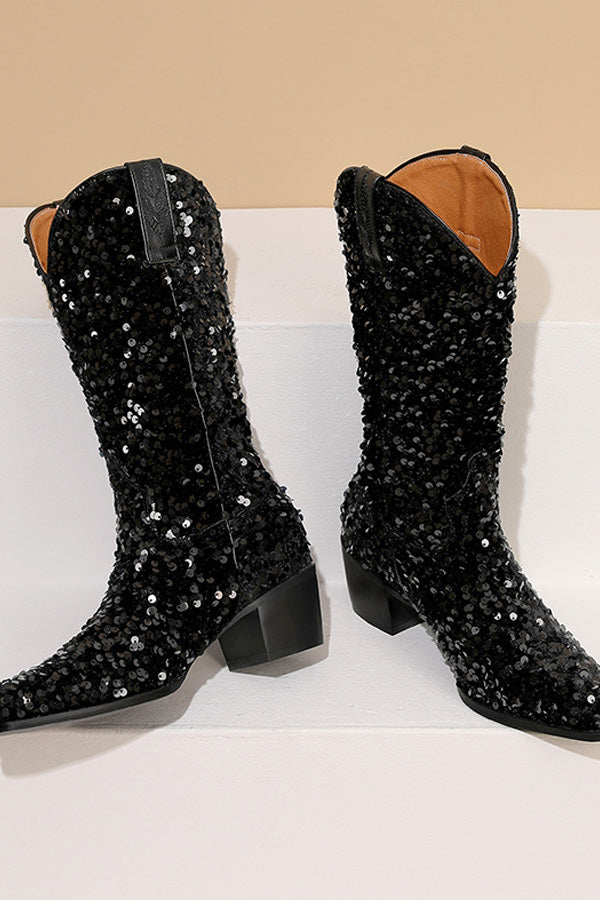 Vintage Sequined Chunky Heeled Boots