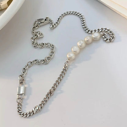 Baroco Style Chunky Chain Splicing Locker Head & Pearl Necklace