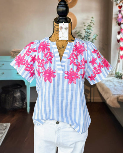 Sailor-Stripe Embroidered Blouse