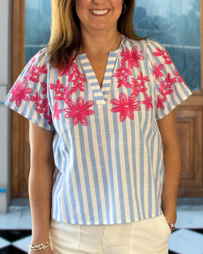Sailor-Stripe Embroidered Blouse
