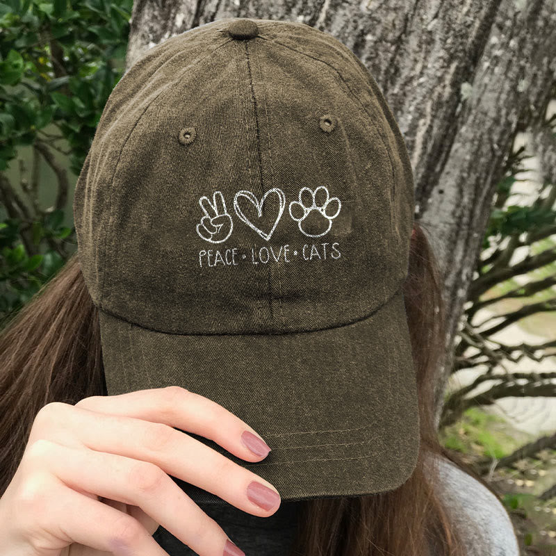 Dashingsoul Peace Love Cats Print Washed Baseball Cap