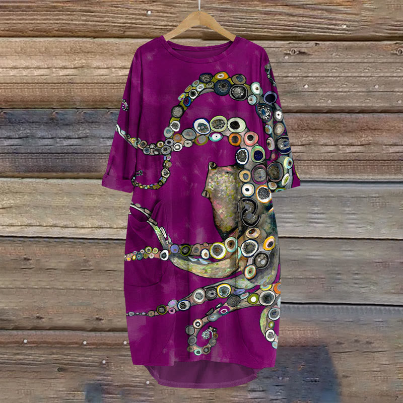 Dashingsoul Colorful Octopus Oil Painting Print Crew Neck Casual Dress