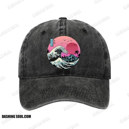 Unisex 100% Cotton Japanese The Great Retro Wave Vintage Print Cap