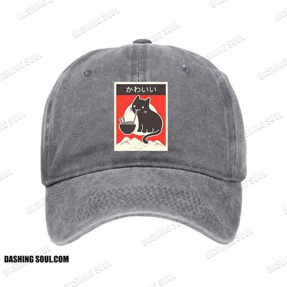 Unisex 100% Cotton Kawaii Vintage Style Japenese Ramen Cat Print Cap