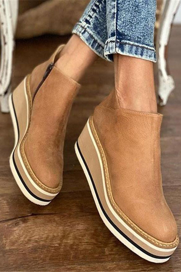Vintage Zipper Design Wedge Ankle Boots