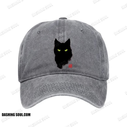 Unisex 100% Cotton Cat Sharp Gaze Vintage Print Cap