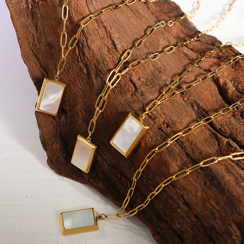 Square Shape White Seashell Pendant Chain Necklace