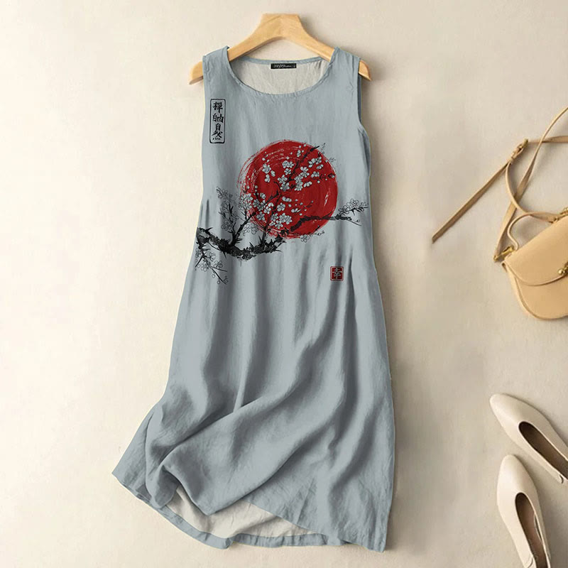 Dashingsoul Vintage Japanese Ink Flower Sunrise Art Print Sleeveless Midi Dress