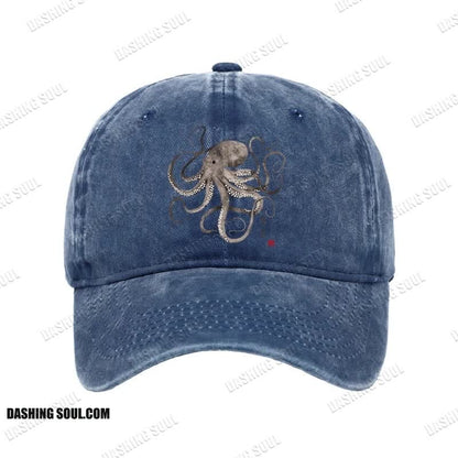 Unisex 100% Cotton Octopus Japanese Calligraphy Vintage Print Cap