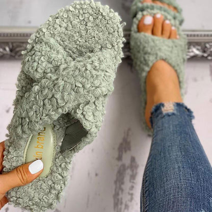 Solid Fluffy Crisscross Design Flat Sandals