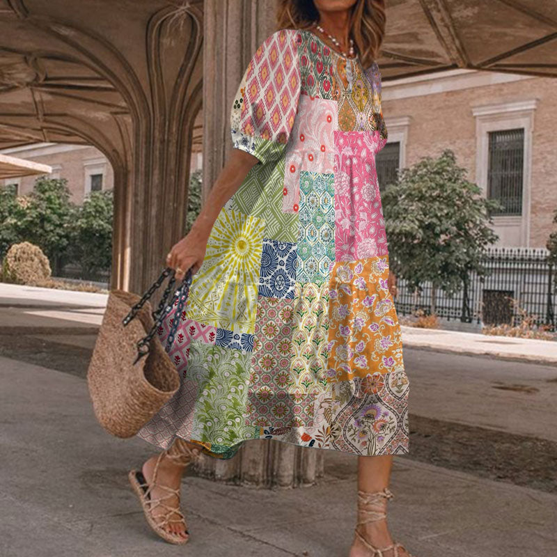 Dashingsoul Summer Vacation Boho Multicolor Floral Art Patchwork Print Casual Loose Dress