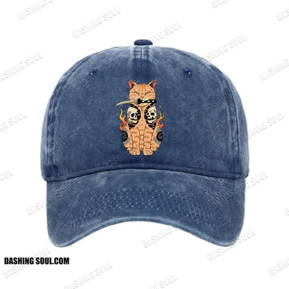 Unisex 100% Cotton Catana Cat Skull Tattooed Samurai Vintage Print Cap