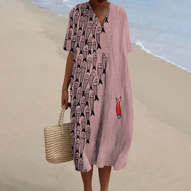 Dashingsoul Cute Simple Lines Abstract Geometric Fish Art Print Casual Midi Dress