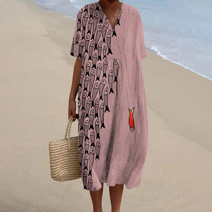 Dashingsoul Cute Simple Lines Abstract Geometric Fish Art Print Casual Midi Dress