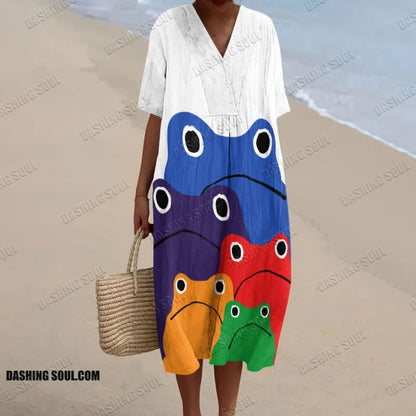Cascading Rainbow Japanese Frog Print Short-sleeved Midi Dress