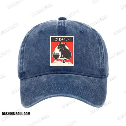 Unisex 100% Cotton Kawaii Vintage Style Japenese Ramen Cat Print Cap