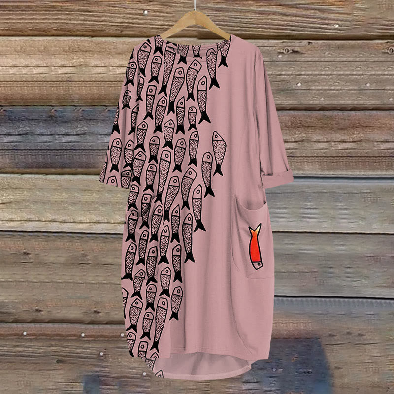 Dashingsoul Cute Simple Lines Abstract Geometric Fish Art Print Crew Neck Dress