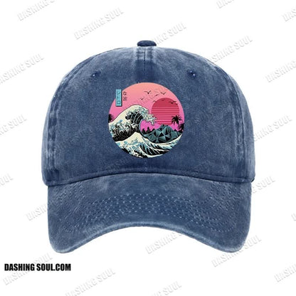 Unisex 100% Cotton Japanese The Great Retro Wave Vintage Print Cap