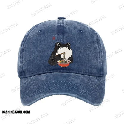 Unisex 100% Cotton Funny Frog Eating Ramen Vintage Print Cap