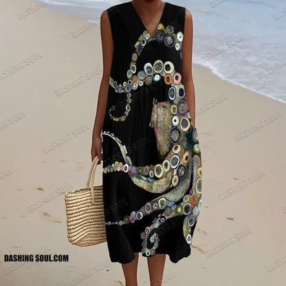 Colorful Octopus Oil Painting Print V Neck Sleeveless Dress