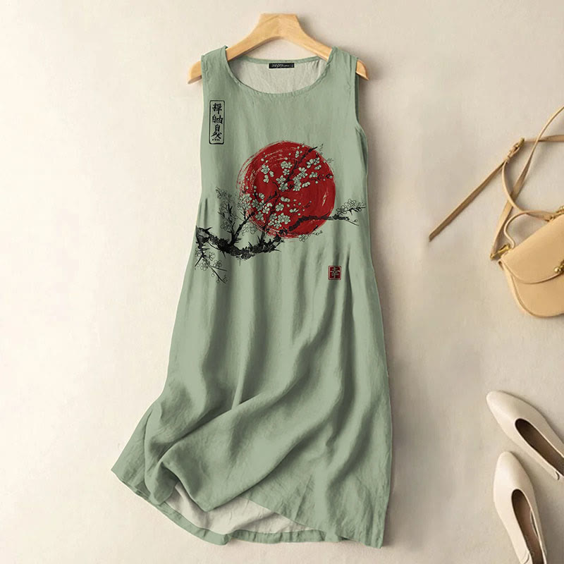 Dashingsoul Vintage Japanese Ink Flower Sunrise Art Print Sleeveless Midi Dress